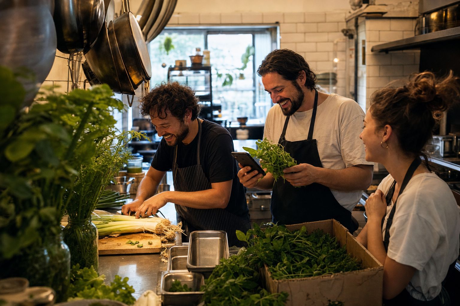 Three staff in a small independent restaurant kitchen before service.