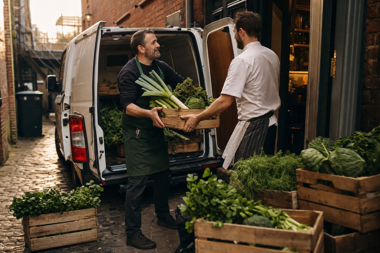 A supplier handing a crate of leeks and greens from a delivery van to a chef at a restaurant's back door on a cobbled lane.